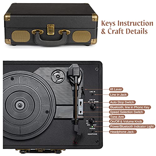 Turntable 3 Speeds 33/45/78 RPM Bluetooth Suitcase Portable Turntable Turntable Turntable with Built-in Speakers RCA Line Output Vintage Turntable