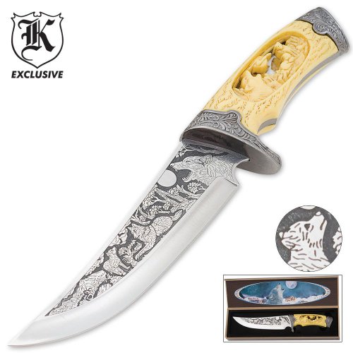 Custom Faux Ivory Wildlife Wolf Bowie Knife