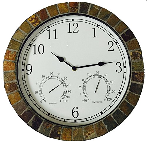 Rylees Place Indoor/Outdoor Genuine Stone Rock Tile Clock Large 15â€ Diameter Shows Time, Temperature and Humidity