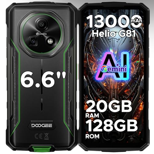DOOGEE Fier 5 Pro Android 15 Rugged Smartphone & Gemini AI - 20GB + 128GB, 13000mAh & MTK Helio G81 Octa Core Rugged Phone,90Hz 6.6" HD+,13MP + 8MP,3 Card Slots Android Phone,Finger + Face ID/NFC/GPS