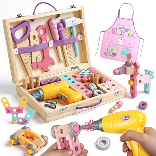 Kids Tool Set Wooden Toys for 3 Year Old Girls, 47 PCS Montessori Toys with Toy Drill & Tool Box & Apron, Pretend Play Educational Building Construction Toys for 3 4 5 Year Old Girls Gifts