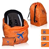 Car Seat Travel Bag and Carrier for Gate Check with Travel Pouch - Bright Orange with Blue Letters for Airport, Airplane Gate Check, Car Trips and Storage Double Backpack Straps | Carseat Bag for STO