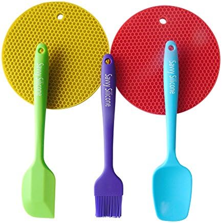 Cooking Utensils - 5 Piece Kitchen Set - Silicone Spatula - Grill Brush - Spoon - All With Durable Stainless Steel Handles Plus Extra Thick Pot Holders - Protects Pots and Pans &amp; Hands