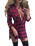 FANCYINN Women Long Sleeve Plaid Pattern Slim Bodycon Short Mini Dress Casual Style