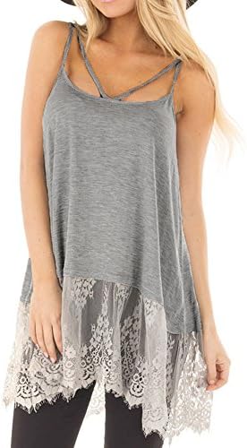 Women's Sleeveless Halter Lace Dress Blouse, Solid Stitching Patchwork Criss Cross Dress Tee (Gray, L)