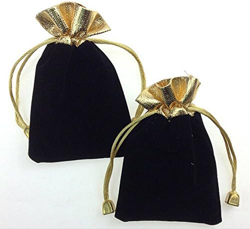 dreammadestudio 50PCS 3"x 4" Black with Gold Top Flocking Fabric Drawstring Gift Bag Jewelry Pouch Wedding Shower Party Favours