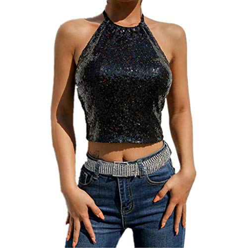 DZT1968 Women's Sequin Halter Sexy Vest Casual Tank Top Off Shoulder Shirt Top Fashion Black