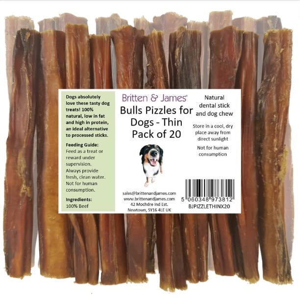 Britten & James 20 Thin Bulls Pizzles for Dogs (12cm length) - Bully Stick, Natural Dental Stick and Dog Chew. Hypoallergenic, Grain Free and Long Lasting Dog Treat