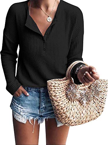 Womens Henley Shirts V Neck Long Sleeve Button Down Tops Knit Tees (Large, Z Black)