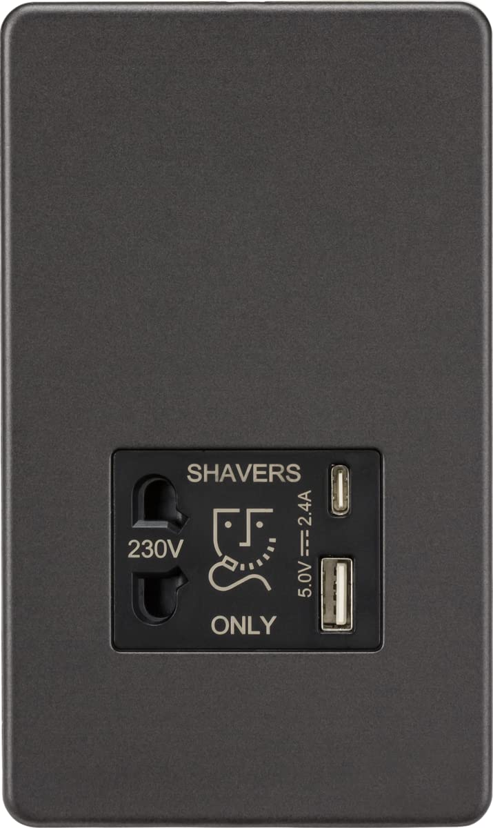 Knightsbridge Screwless Shaver socket with dual USB A+C (5V DC 2.4A shared) - smoked bronze
