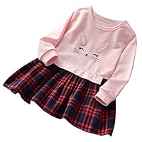 Cute Toddler Girl Bunny Plaid Dress, Kids Sweet Shirt Top and Checkered Skirt Patchwork Dress(PinkRed,120)