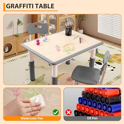 Garvee Kids Table and 4 Chairs Set, 5-Piece Height Adjustable Toddler Table with Graffiti Wipe-Clean Desktop, Non-Slip Legs & Storage Organizer, Preschool Activity Desk for Ages 2-6