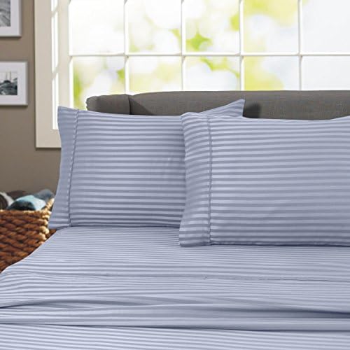 London Collection 800 Thread Count Wrinkle Resistant Woven Stripe 100% Egyptian Cotton 4 Piece Sheet Set (Queen, Blue)