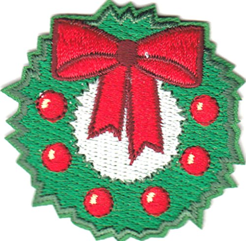[Single Count] Custom and Unique (2" Inches) Round Seasonal Holiday Festive Traditional Decorations Simple Christmas Wreath and Bow Iron On Embroidered Applique Patch {White, Red & Green Colors