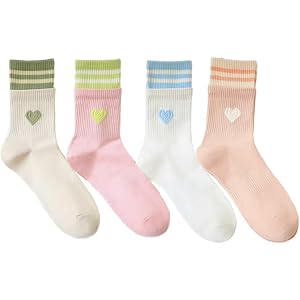 4 Pairs Women Crew Socks Heart Pattern Sweet Style Stripe Ribbed Cuff Athletic Knitted Fabric Footwear for Ladies Adults