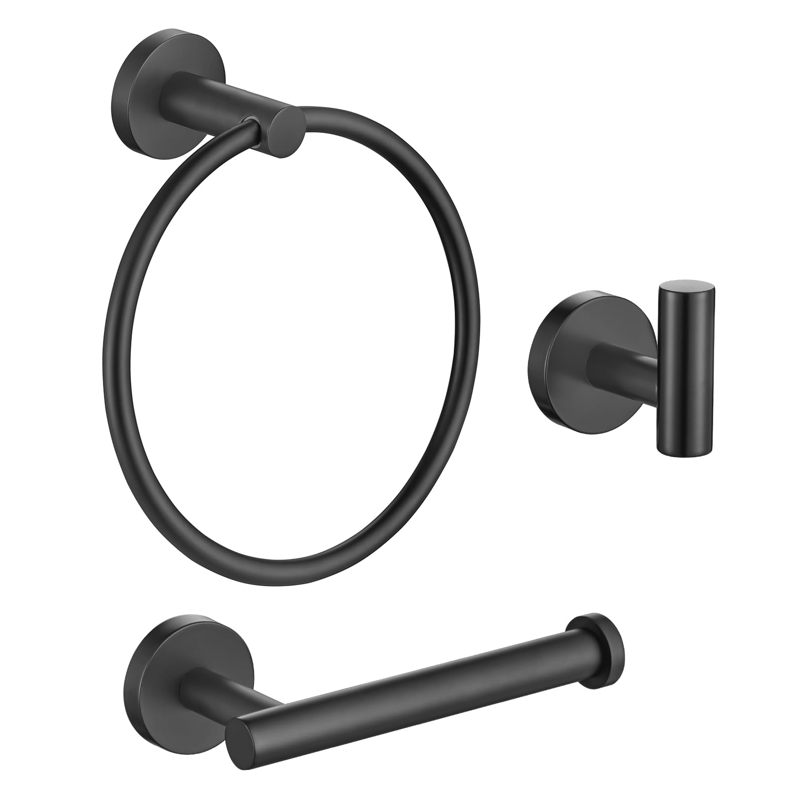 TURS Bathroom Hardware Accessories Set,Towel Hook Toilet Roll Holder Towel Ring, Wall Mounted Toilet Paper Holder, 3 Pieces Classic Stainless Steel Bath Accessory Hooks, Matte Black