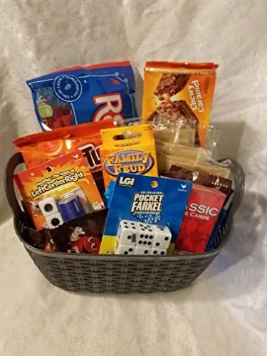 HOM Family Game Night Gift Basket, Games, Candy, Snacks, Fun. For Gifts, Family, Friends of all ages, Gift bags, Gift box, Gift basket. Treats and Games for the whole family to enjoy together.