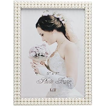 L&T Metal Picture Frame Silver Plated with Pearls 5x7 Inch, Special Occasion Anniversary Wedding Gift Photo Frame