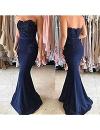 Yuxin Sexy Azul Marino Oscuro De Encaje De Sirena Vestidos De Fiesta 2018 Sin Tirantes Elegante Largo Vestidos De Dama De Honor Vestidos De Fiesta De Noche