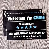 Personalized UBER Tips & Ratings Sign, Removable Headrest Display Card Placard Decals (Custom Name Printed), Increase Tips & 5 Star Ratings --- Best Accessory for Rideshare Drivers (2 Pack)