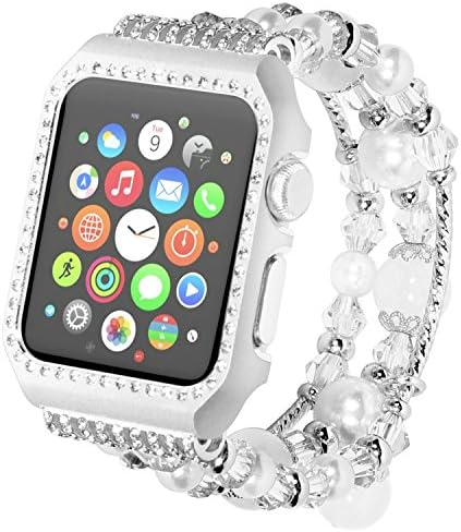 Apple Watch Band, ANGGO Glittering Diamond Metal Case with Elastic Stretch iwatch Strap Replacement iWatch Band Faux Pearl Natural Agate Stone Bracelet Women Girls Rhinestone Strap (White-38mm)