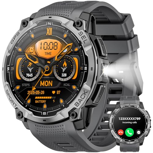 Men's Military GPS Smart Watch, 1.43 Inch AMOLED HD Smartwatch with Bluetooth Call, LED Light, Compass, 100+ Sports Modes, Heart Rate, Sports Watch for Android iOS (Black)