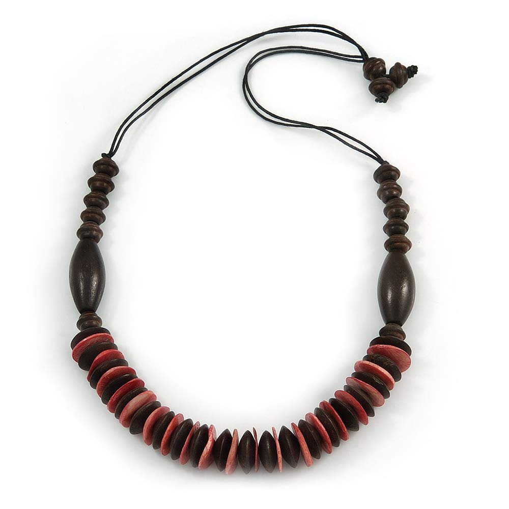 Avalaya Brown/Pink Wood Bead with Cotton Cord Necklace - 70cm L