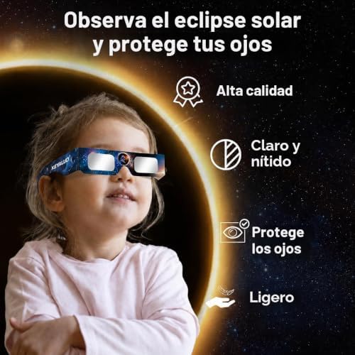 Gafas Eclipse Solar Homologadas,Paquete de 6,Certificado EN ISO 12312-2:2015(E) y CE,Aprobación AAS 2026,Gafas eclipse solar para visión directa del sol