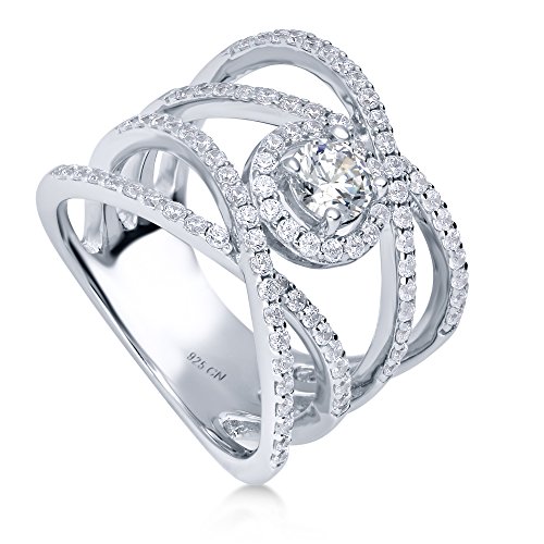 BERRICLE Rhodium Plated Sterling Silver Cubic Zirconia CZ Criss Cross Cocktail Statement Ring Size 8