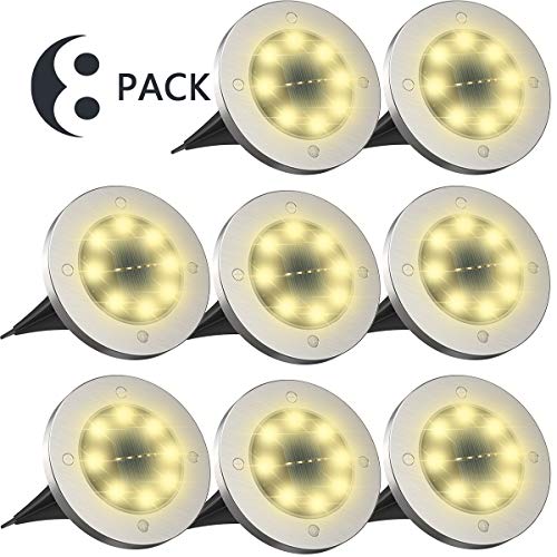 Tysonir Solar Ground Lights，Disk Lights Solar Powered 8 LED ，Outdoor in-ground Solar Lights for Landscape Walkway Lawn Steps Decks, LED lamp, Waterproof(Warm White)