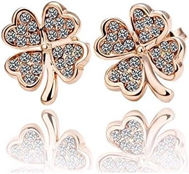 DATORA Rose Gold Tone Four Leaf Clover Stud Earrings With Accent Crystals -130