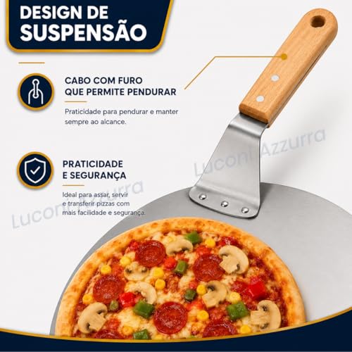Pá de Pizza Redonda em Aço Inoxidável, 31cm, com Cabo de Madeira, para Pizza, Pães e Massas