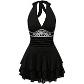 SOLY HUX Women's Summer Halter Backless Mini Dress Flowy Sleeveless V Neck Tie Back A Line Western Casual Sun Dresses