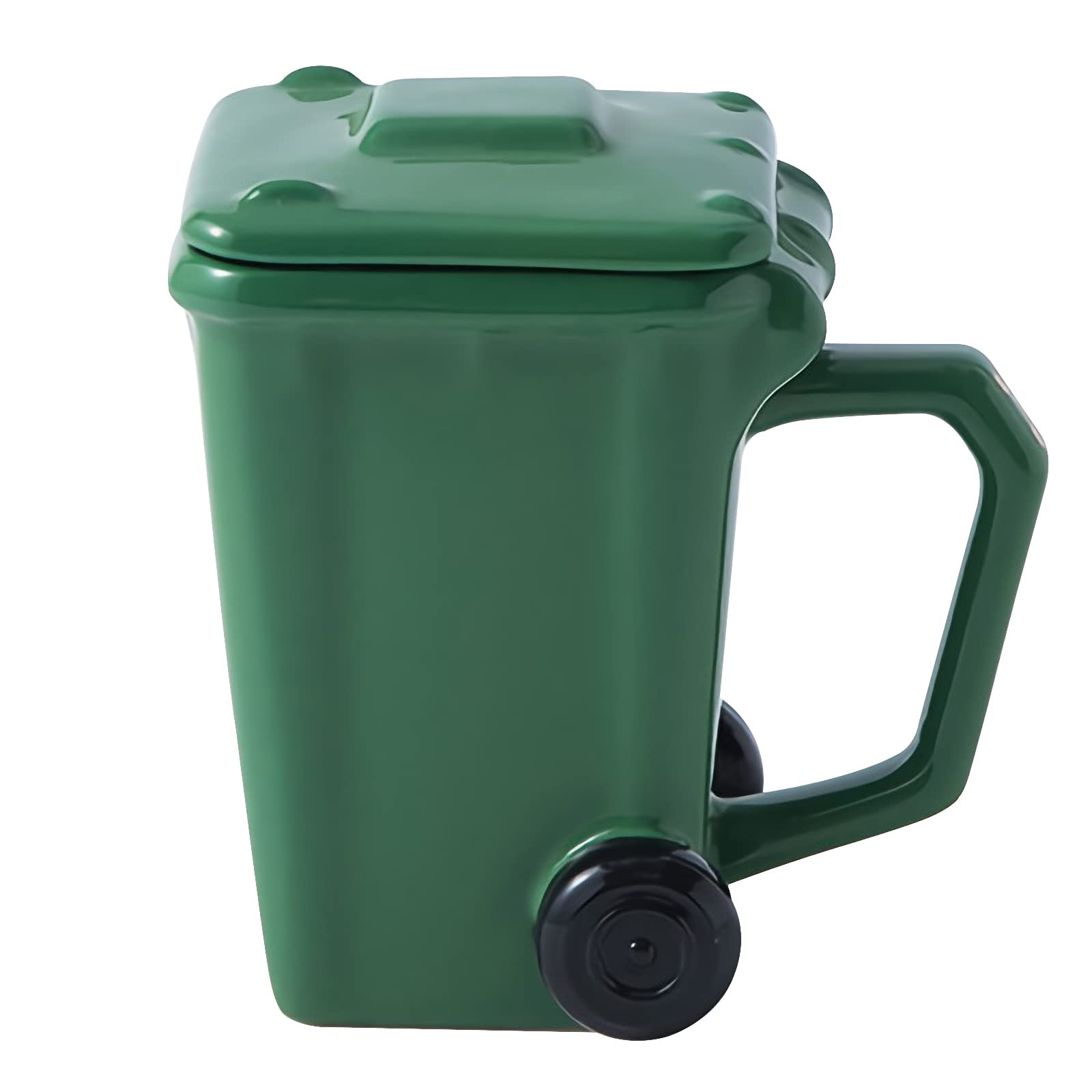 Ceramic 3D Trash Can Shaped Mug with Handle and Wheel Wheelie Bin Mugs Novelty Funny Coffee Mugs Recycling Bin Coffee Cup with Lid Daily Gift Funny Gifts for Parents Colleague Friends and Family