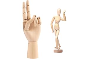 HANIFOREVER 2-Pack 8" Artists Wooden Drawing Figure Mannequin Human People Dolls Figure Manikin Supplies Stop Motion Figure Kit Drawing Tools 12" Wooden Manican Fingers Left Hand for Drawing,Painting,Sketching