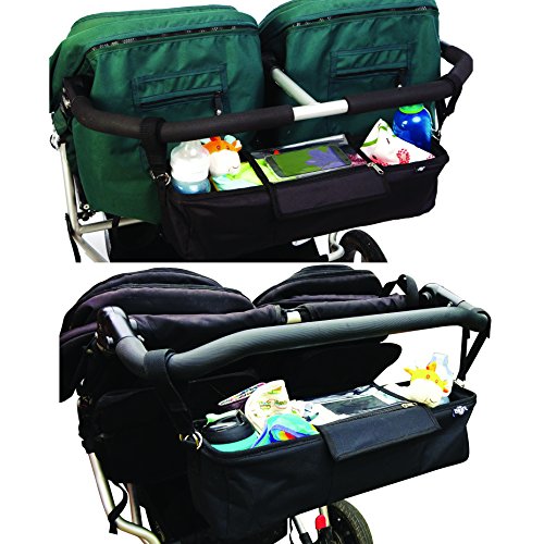BEST DOUBLE STROLLER ORGANIZER Storage Bag for Double / Twin / Tandem Strollers, Exclusive Phone-Pocket Cell Holder & Waterproof Rain Cover. PLUS 2 FREE Stroller Hooks. Must Have Stroller Accessory
