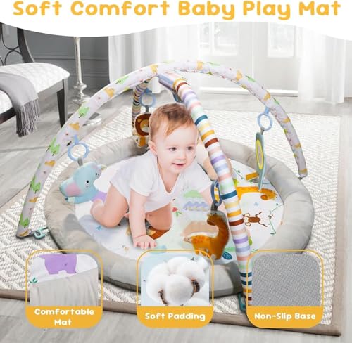 DMG Baby Gym Play Mat with 6 Toys - Multi-Stage Activity Mat for Tummy Time, Lie & Sit Play, Machine Washable Cover with Non-Slip Bottom, Newborn Infant Developmental Toy for Sensory Motor Skills
