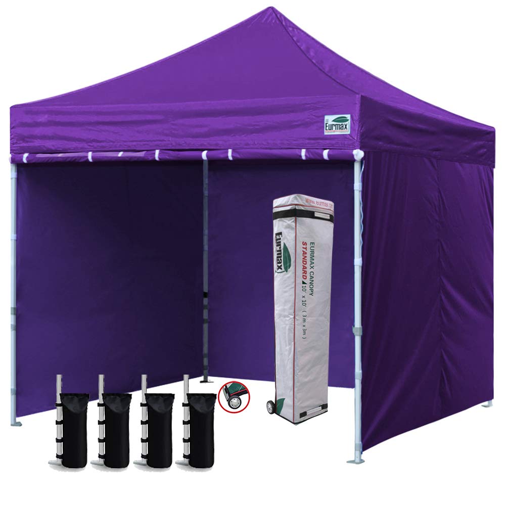 Eurmax 10'x10' Ez Pop-up Canopy Tent Commercial Instant Canopies with 4 Removable Zipper End Side Walls and Roller Bag, Bonus 4 SandBags(Purple)