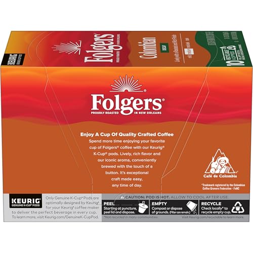 FOLGERS COLOMBIAN DECAF COFFEE, MEDIUM ROAST, KEURIG K-CUP PODS, 10 COUNT BOX
