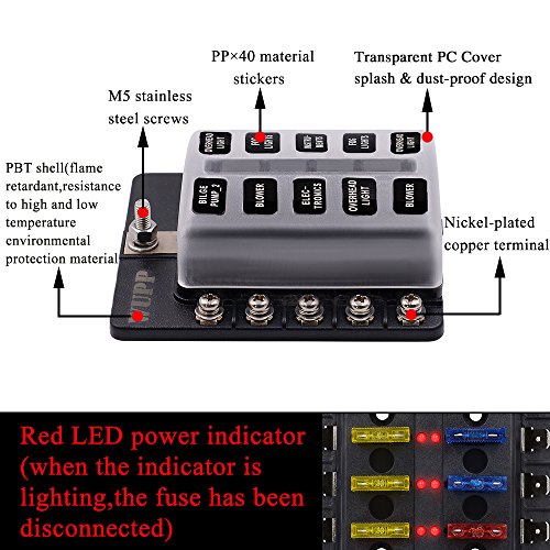 10-Way Fuse Box, 12 Volt Fuse Block with LED Warning Indicator Damp-Proof Cover Automotive Fuse Block for Car Boat Marine RV Truck