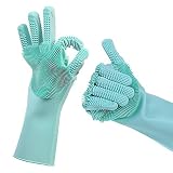Magic Silicone Dishwashing Scrub Gloves - with Finger Grip Scrubber 2019 Updated Model 2 Sided, Heat Resistant sponge glove for Cleaning, Bathroom, Household, Car, Pet Hair; 1 Pair Green