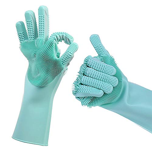 Magic Silicone Dishwashing Scrub Gloves - with Finger Grip Scrubber 2019 Updated Model 2 Sided, Heat Resistant sponge glove for Cleaning, Bathroom, Household, Car, Pet Hair; 1 Pair Green