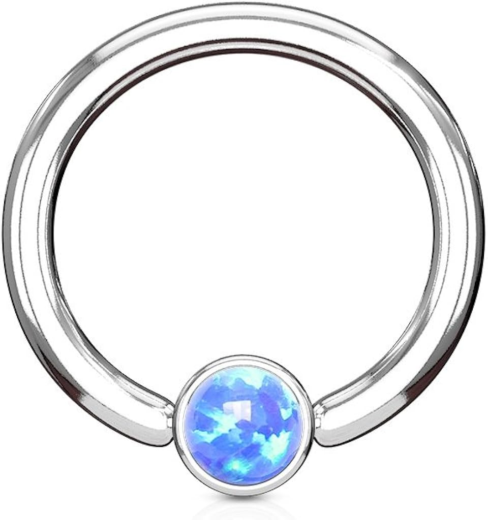 PiercedOff 316L Surgical Steel 1.2mm BCR with 3mm Blue Synthetic Opal Ball - Ring Size 8mm, 1.2mm x 8mm with 3mm ball