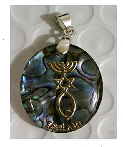Messianic Sign Star of David Menorah Fish Pendant Handmade Mother of Pearl Abalone Shell Amulet by Bethlehem Gifts TM (Abalone) - Thumbnail 2