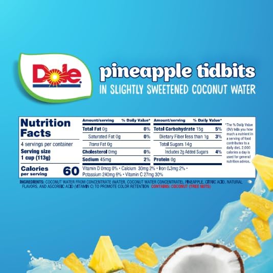 DOLE PINEAPPLE TIDBITS IN COCONUT WATER 4-4OZ CUPS