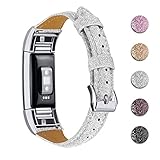 Joyozy Leather Band Compatible with Fitbit Charge 2 Replacement Bands,Slim Classic Genuine Leather Wristband Fitness Strap Women (Glitter Silver with Silver Buckle)