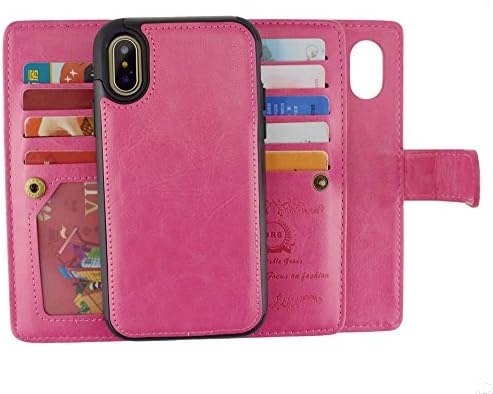 iPhone X/XS Wallet Case, HYSJY Flip Leather Purse with Wrist Strap 9 Card Slots Magnetic Detachable Removable Slim Shockproof Protective Cover for iPhoneX/XS (Rose)