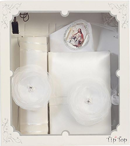 DaisyandLeo Girls Organza Flower with Pearl and Rhinestone Center First Communion Candle Set (White-Spanish)