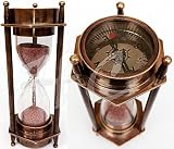 5" DECORATIVE BRASS SAND TIMER HOURGLASS WITH ANTIQUE MARITIME BRASS COMPASS