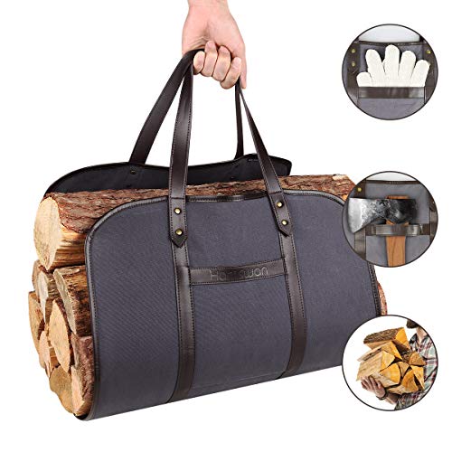 Waxed Canvas Firewood Carrier, HAMSWAN Fireplace Sturdy Wood Carring Bag with Handles Gloves for Camping Indoor Firewood Logs Tote Holder Birchwood Stand